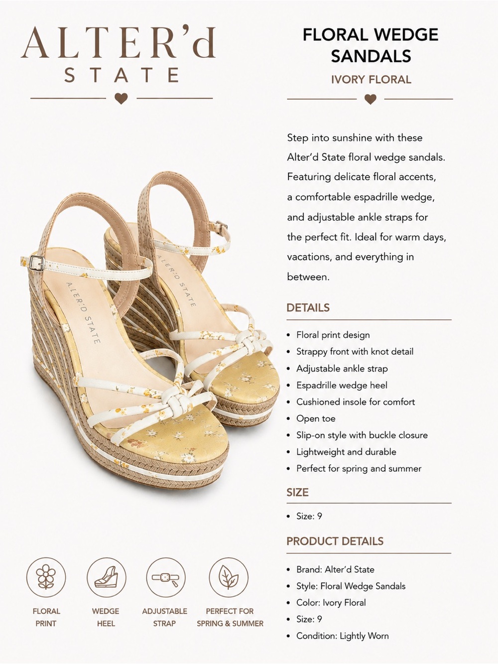 Altar'd State Ivory Floral Espadrille Wedge Sandals